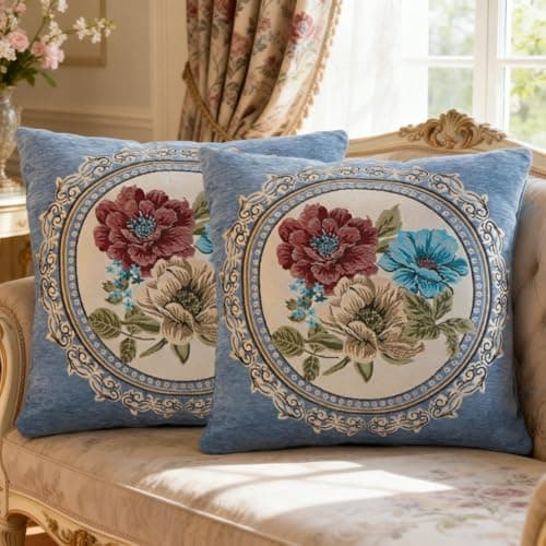Image of Qupace Set of 2 Vintage Embroidered Throw Pillows Covers 18x18in，Embroidered Pillow Covers for Living Room Floral Cushion Cover for Sofa Couch (Blue-1)