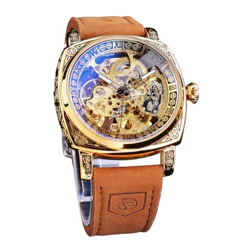 Image of FORSINING Square Mechanical Watch, Self-Wind Carved Gear Movement Golden Skeleton Automatic Retro Watch With Vintage Leather Strap