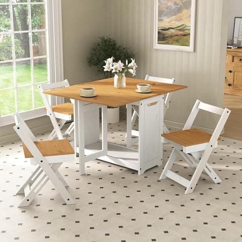 Image of Mews Corona Butterfly Dining Set White Santos 4 Seat Folding Drop Leaf Table with Chairs Solid Mexican Pine
