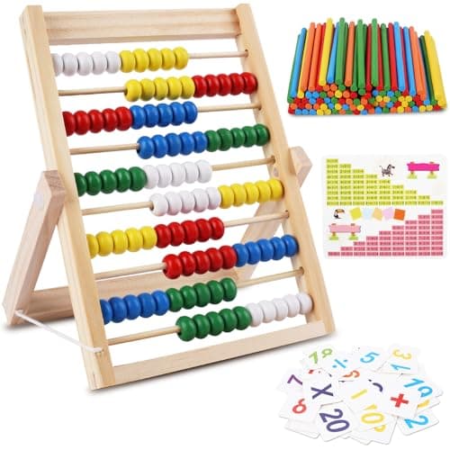 Image of RNHDLY Abacus for Kids, Wooden Abacus with 100 Counting Sticks and 40 Number Cards, Ages 3-7, Small, Multi-color, Number Theme, No Assembly Required
