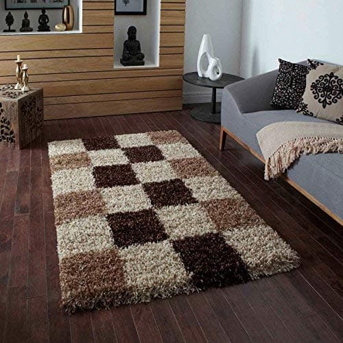 Image of Bravich Extra Large Brown Beige Mocha and Ivory Checked Pattern Geometric Square Design Mix Thick Shag 5cm Super Soft High Deep Pile Shaggy Area Rug/Living Room Rug Carpet 160x230 cm (5ft3 x 7ft7)