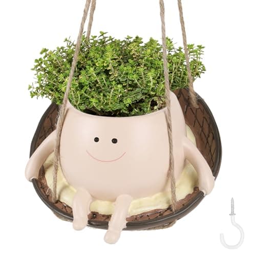 Image of Zocipro Swing Face Planter Pot, Smile Face Hanging Plant Pot, Small Chair Hanging Flower Pots, Cute Resin Flower Head Planters for Succulent Planter Indoor Outdoor Balcony Garden