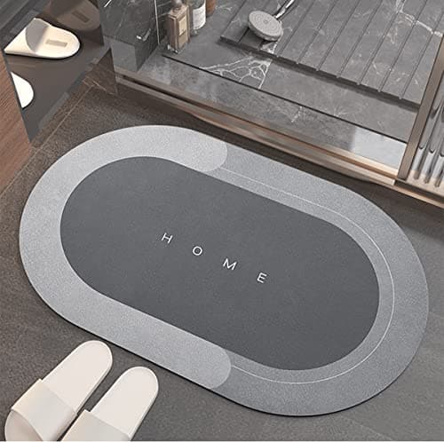 Image of Happy Go-Mart Diatom Mud Bath Mat with Rubber Backing | Super Absorbent Quick-Drying Non-Slip Floor Mat | Machine Washable 40x60cm Bathroom & Kitchen Rug, Light Gray Elliptical Design