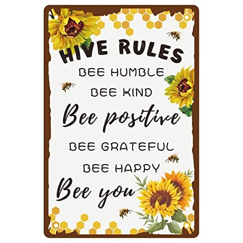 Image of CREATCABIN Metal Tin Sign Vintage Bee Sunflowers Hanging Wall Art Decor Retro Funny Painting Plate Plaques with Quotes for Garden Home Bedroom Living Room Bathroom Yard Farmhouse Pub Bar 8 x 12inch