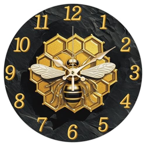 Image of CHGCRAFT Golden Texture Honeycomb Bees Pattern Wall Clock 12 Inch Non-Ticking Round Wall Hanging Clock Battery Operated for Bedroom Living Room Kitchen Office
