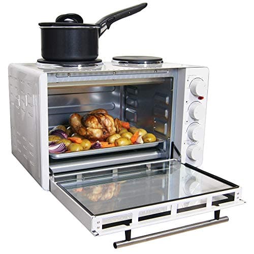 Image of Igenix IG7130 Mini Oven with Electric Grill and Double Hotplate Hob, Ideal for Roasting, Baking, Grilling and Reheating with Aluminium Baking Tray, 30 Litre, White