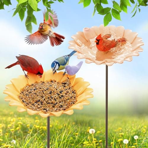 Image of Kinsgyard 2 Pack Free Standing Tray Bird Feeders with Adjustable Pole, Wild Bird Feeder for Outdoor Garden Yard Decor, Large Seed Capacity, Easy to Clean and Refill, Yellow & Beige