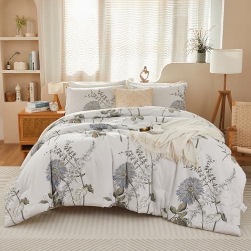 Image of STYHO Floral Duvet Cover for Double Bed 3 Pieces Reversible Beige and Grey Bedding Set Ultra Soft Luxury Botanical Flower Quilt Covers for All Season Use(Beige Grey, Double)