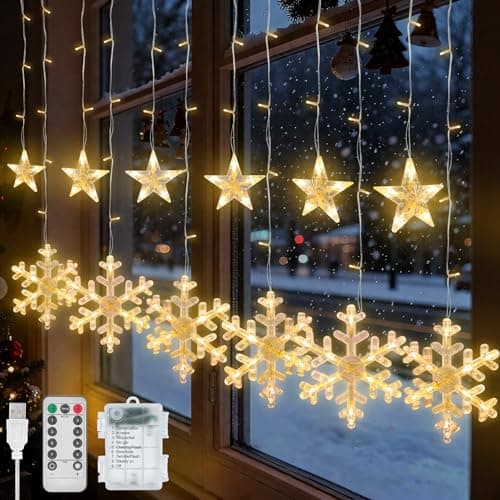 Image of Jsdoin Christmas Window Lights, 3.5M 138 LED Stars Snowflake Curtain String Lights with 8 Flashing Modes USB+Battery-Powered Fairy Light for Christmas Tree,Xmas Wedding Decoration(Warm White)
