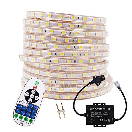 Image of GQL 100m Waterproof 220V LED Strip Lights Kit, Dimmable 5050 60leds/m Rope Light + 23-Key Remote Controller UK Plug, DIY Indoor Outside Home Patio Decking Warm White Lighting