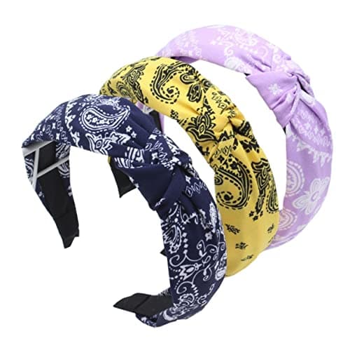 Image of Wide Headbands for Women Knotted Headband - 3 Pieces Fabric Stripes Hairband Turban Hoops Twist Headbands Accessories for Girls Navy Yellow Purple 013