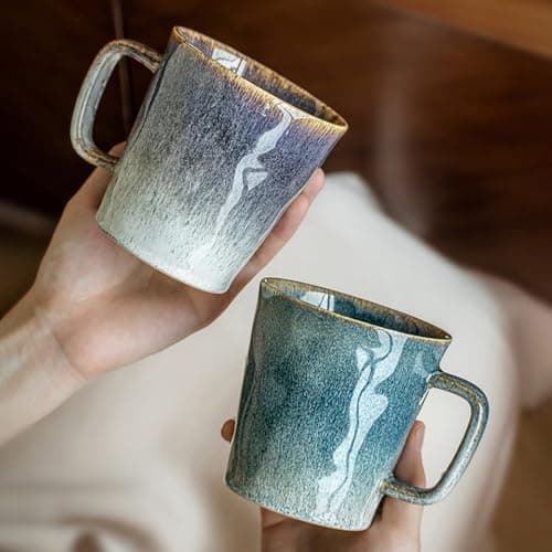 Image of Hosoncovy Ceramic Coffee Mug Set of 2,Glazed Contrast Color Tea Cup Drink Cup Couple Gift Mug (400ML)
