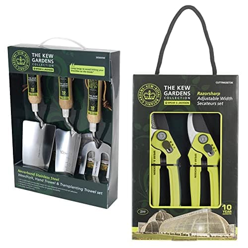 Image of Spear & Jackson Kew Gardens 3056KEW Stainless Steel Hand Tool Gift Set and SPEAR & JACKSON Kew Gardens Razorsharp Cutting, Set 3K Bypass and Anvil Secateurs Set, Green