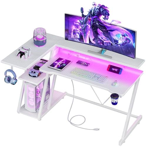 Image of Korfile 47 Inch White Gaming Desk with Power Outlet & LED Lights, Corner Computer Desk with 3 Tiers Storage Shelves, L Shaped Gaming Desk with Monitor Stand for Bedroom