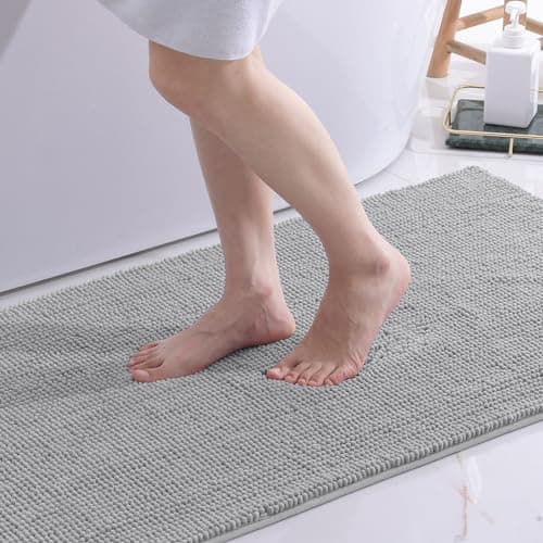 Image of smiry Non Slip Chenille Bath Mat, 60 x 90 cm, Extra Soft Bathroom Mat, Super Absorbent Fluffy Bath Mats for Bathroom Floor, Machine-Washable Dry Bath Rug Foot Mat, Grey