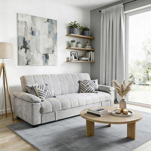 Image of DAKO® 3-Seater Sofa Bed VERONICA with Storage – Pull-Out Sleeper in Cream or Grey – Modern Upholstered Sofa for Living Room or Guest Room – Compact & Comfortable Design (Grey)