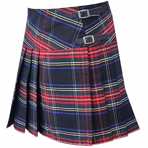 Image of Traditional Women's Tartan Mini Kilt Skirt – Scottish Plaid Billie Skirt with Adjustable Leather Straps – Pleated P.V. Tartan Design for Ladies (UK, Numeric, 12, Regular, Regular, Black Stewart)