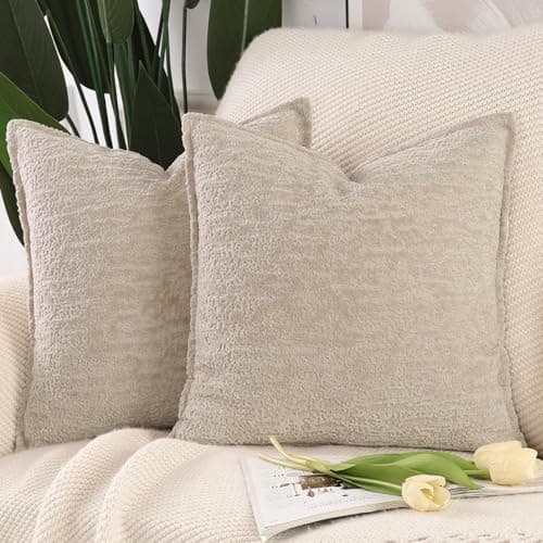 Image of Madizz Pack of 2 Chenille Velvet Cushion Covers 40x40 cm Light Taupe Soft Neutral Decorative Throw Pillow Covers Accent Boho Pillowcases for Couch Sofa Modern Farmhouse Home Decor