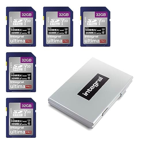 Image of Integral 32GB SD Card in a 6 Slot Protective Metal SD Card Holder Case - 4K Ultra-HD Video Premium High Speed 90MB/s Read Speed and 30MB/s Write Speed - SDHC V30 UHS-I U3 Class 10 SD Memory Card