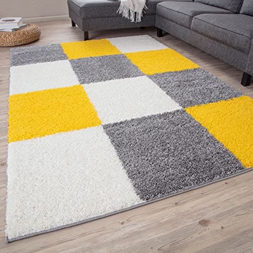 Image of THE RUGS Area Rug – Modern Luxury Shaggy Rug, Multicolour Pattern Carpet, Ultra Soft for Bedroom, Living Room, Kids Room, (120x170 cm, Yellow)