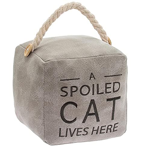 Image of Grey Faux Leather Square - A Spoiled Cat Lives Here - Doorstop