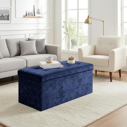 Image of Home Republic Storage Ottoman, Padded Foldable Bench, Chest with Lid, Perfect for Bedroom, Hallway, Living Room (Crushed Velvet Navy Blue, 76x38cms)