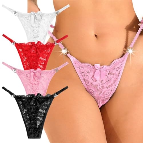 Image of Telooco 4Pcs Lace Thongs for Women, Sexy G-String Thongs Panties with Waist Belt - Breathable Sexy Underwear (Large)