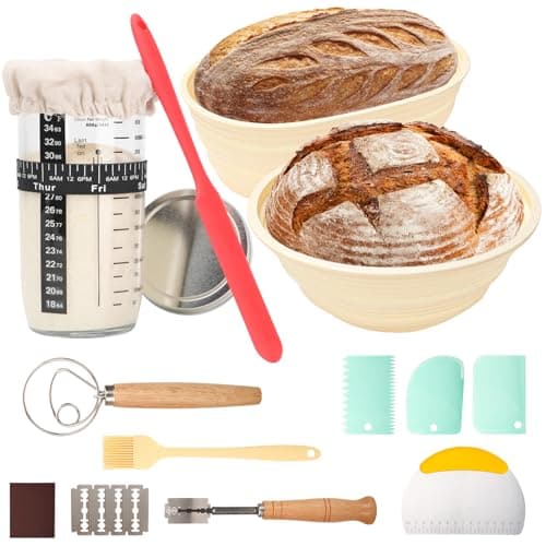 Image of Sourdough Starter Kit Bread Baking Supplies Bread Proofing Basket 9 inch Round & 10 inch Oval Bread Proofing Basket, 24Oz Jar