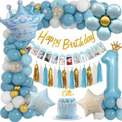 Image of TOLOYE 1st Birthday Decorations for Boys, Blue First Birthday Decorations with Baby Month Photo Banner, Number 1 Foil Balloon, Paper Tassel, 1st Blue Party Supplies for Baby Shower Party, Cake Smash