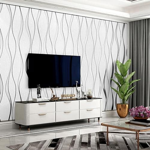 Image of Baketron White Wallpaper Silver Glitter Textured 3D Effect Embossed Wallpapers Wave Stripes Wall Paper Roll Modern Feature for Living Room Bedroom Adults Hallway Kitchen Front Room