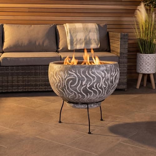Image of CHARLES BENTLEY Outdoor, Garden, Patio, Grey Clay Firepit Bowl, BBQ Grill Included, Multifunctional Heater, Rustic Finish, Contemporary Design, Easy To Use & Clean (58x36cm)
