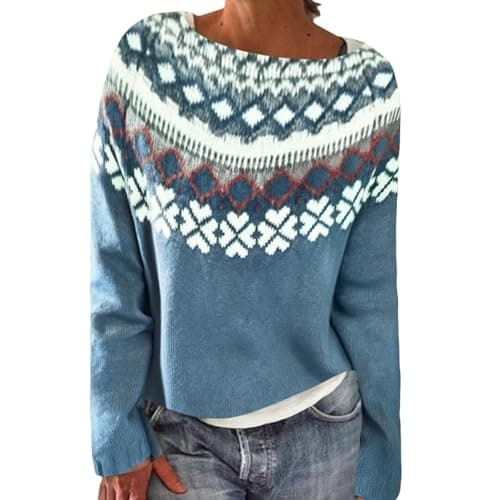 Image of Fairisle Jumpers For Women Uk Fashion Long Sleeves Cashmere Jumper Soft Comfortable Crew Neck Loose Tops Fleece Warm Women'S Oversized Sweaters Lightweight Slim Fit Knit Pullover Top