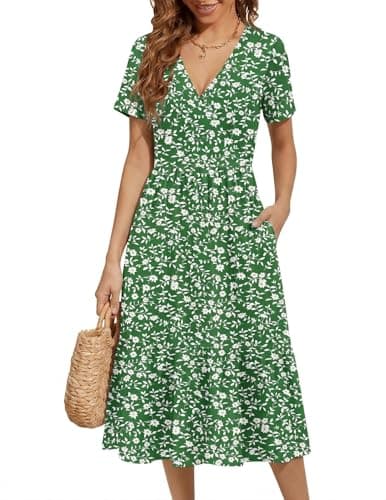 Image of Zeagoo Women Dresses Summer Casual Midi Dress Ladies Dresses Short Sleeve V Neck Dresses Floral Beach Dress with Pockets Green Flowers L