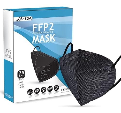 Image of FFP2 Face Masks UK Certified Pack of 25 - Flat Fold Face Masks Black - Disposable Safe KN95 Face Mask 5-Layer Fiber Protection Filter>94% Anti Dust Masks for Sanding - Portable Travel Friendly