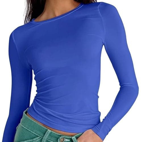 Image of OYIGELZ Women's Basic Long Sleeve Shirt Crew Neck Slim Fit Crop Top Y2K T-Shirt Casual Blouse Tee Tops Streetwear(Royal Blue-T1,XS)