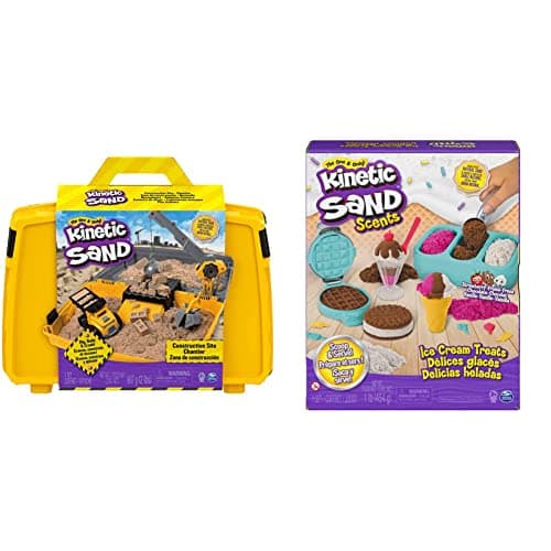 Image of Kinetic Sand Construction Site Folding Sandbox Playset, for Kids Aged 3 and Up & Scents, Ice Cream Treats Playset with 3 Colours of All-Natural Scented Sand and 6 Serving Tools