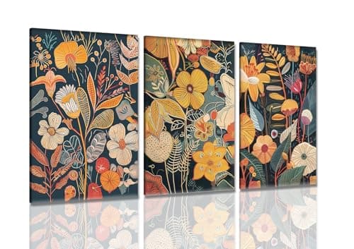 Image of Dytila Framed Orange Floral Wall Art Set of 3, Colorful Plant Pictures Wall Decor, Vintage Botanical Canvas Prints, Abstract Boho Flowers Paintings, Nature Artwork for Living Room Bedroom 12X16 inch