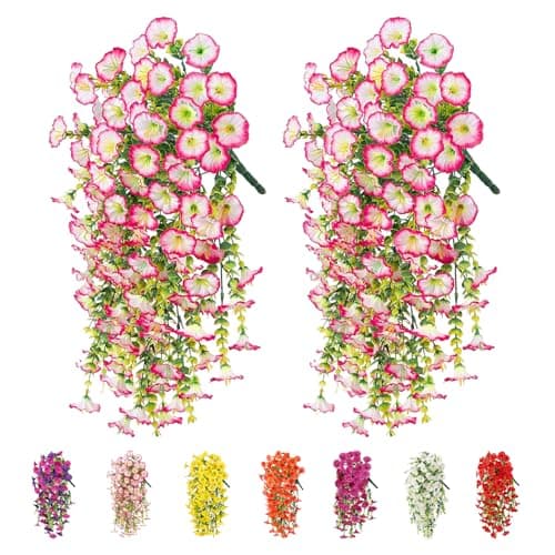 Image of nnOuOnn Artificial Hanging Flowers Outdoor, Fake Trailing Plants Morning Glory Decoration UV-Resistant for Hanging Baskets (Pink)