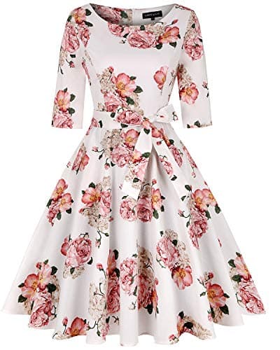 Image of MINTLIMIT Women's Vintage Flower Audrey Dress 1950s Retro Cocktail Dress with Belt and Pockets(Floral White and Pink,Size L)