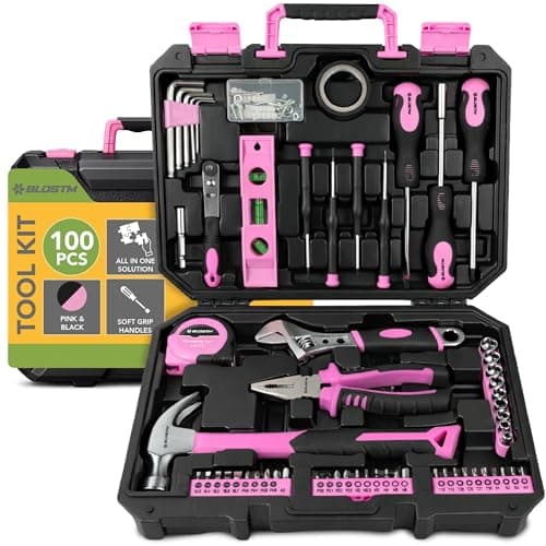 Image of BLOSTM 100 Piece Pink Tool Kit - Home Tool Set With Essential Hand Tools for DIY Projects, Household Repairs - Portable Plastic Tool Box with Hammer, Pliers, Screwdrivers, Hex Keys & More (Pink/Black)