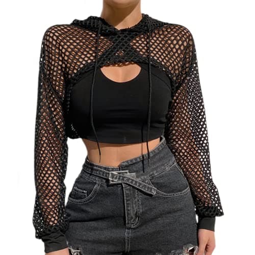 Image of Women Mesh Fishnet Top Long Sleeve Top Hollow Out Hoodie Crop Top Sexy Crochet See Through T-Shirt Party Clubwear Summer Beach Cover Up Halloween Shirt for Ladies UK 8-14 Black