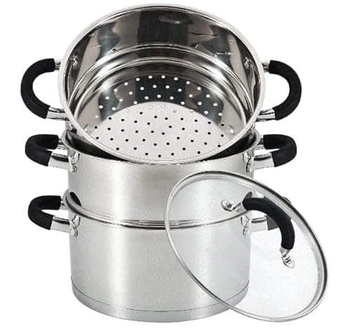 Image of Royal Cuisine 3 Tier Multi Tier Layer Stainless Steel Steamer Pot With Stackable Pan Insert/Lid, Vegetable Steamer Cooker, Size: 18cm