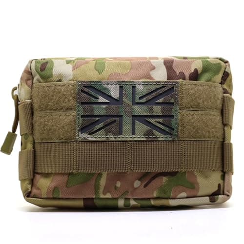 Image of Multicam Camouflage Tactical MOLLE Pouch Waist Pack EDC Organiser Medic Tool Bag Airsoft Military Army Utility Belt Backpack Vest Pouch MTP (Pouch + IRR Union Jack Flag Patch)