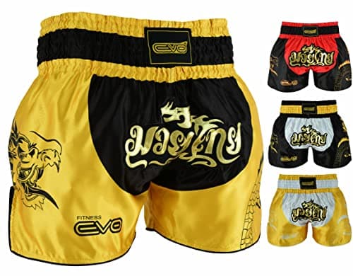 Image of EVO Fitness Muay Thai Shorts MMA Martial Arts Grappling Kick Boxing UFC Cage Fighting Gym Training Men Women Clothing Gear (X-Small, Black/Golden)