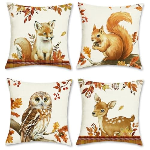 Image of COZZSNUGE Autumn Animals Cushion Covers Orange Fall Fox Squirrel Owl Deer Polyester Decorative Pillowcases for Sofa Bed Home Patio 45 x 45 cm Set of 4