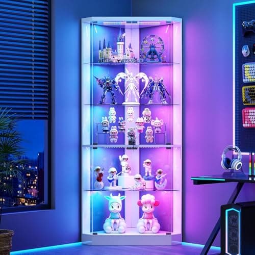 Image of Gurexl 69 '' Display Cabinets with Glass Doors and Dynamic lighting,Corner Display Case with Human Sensor and Adjustable Shelves,Modern Curio Storage Cabinet with 5 Tier for Living Room, Bedroom,White