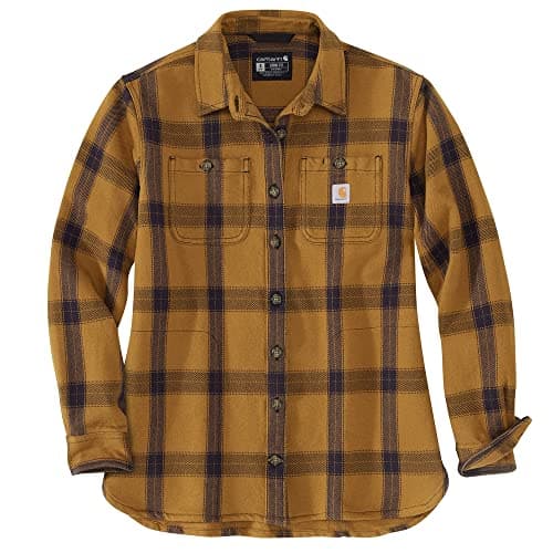 Image of Carhartt Women's Loose Fit Heavyweight Twill Long-Sleeve Plaid Shirt Work Utility Button Down Shirt, Carhartt Brown,