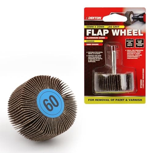 Image of Dekton 50mm Flap Wheels 60 Grit x 20mm – Coarse Aluminium Oxide for Wood, Metal & Plastic, Heavy Paint, Varnish & Rust Removal, Precision Deburring, Fits Power Drills 6mm Shank
