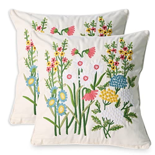 Image of Pilmandu Set of 2 Embroidered Decorative Throw Pillow Covers 45x45cm Couch Square Pillowcases Cushion for Bedroom Sofa Farmhouse Decor (Daisy)