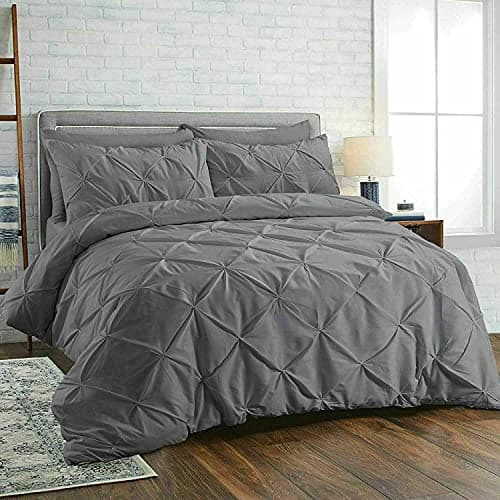 Image of Pinch Diamond Pleated Pintuck Duvet Cover Set 100% Cotton Quilt Covers Bedding Bed Sets Single Double Super King with Pillow Cases (Charcoal, King)